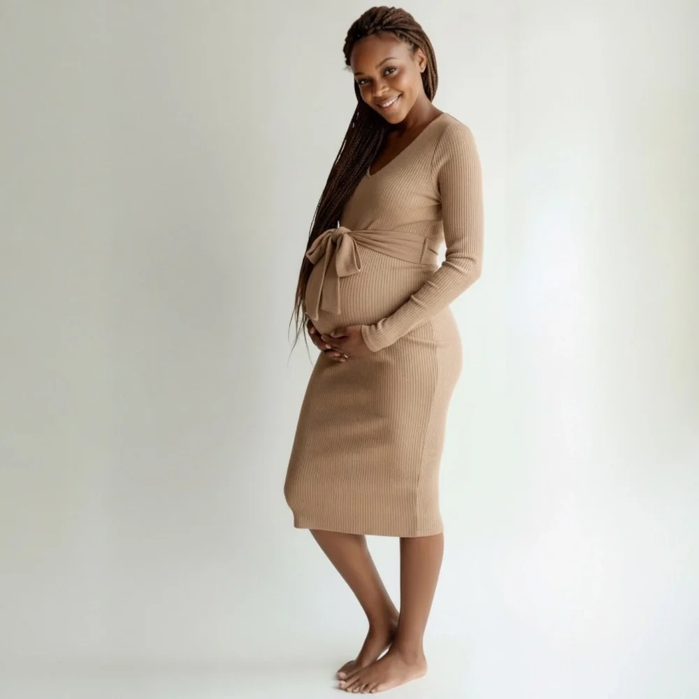 SHEIN Maternity Sweater Rib-Knit V Neck Belted Bodycon Dress Stretch Apricot L - Picture 12 of 12